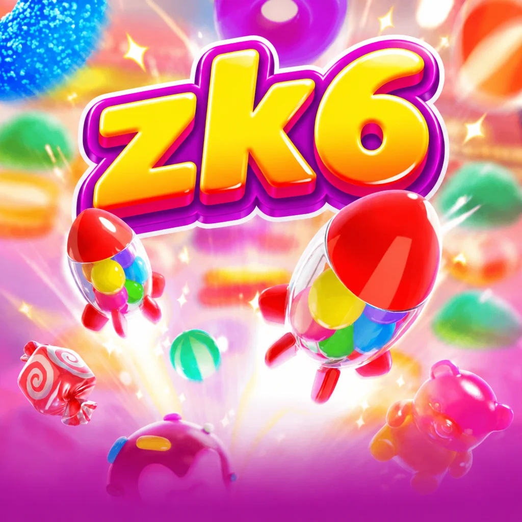 zk6 Candy Burst menyajikan roket permen warna-warni, beruang jeli, dan camilan manis dengan latar cerah