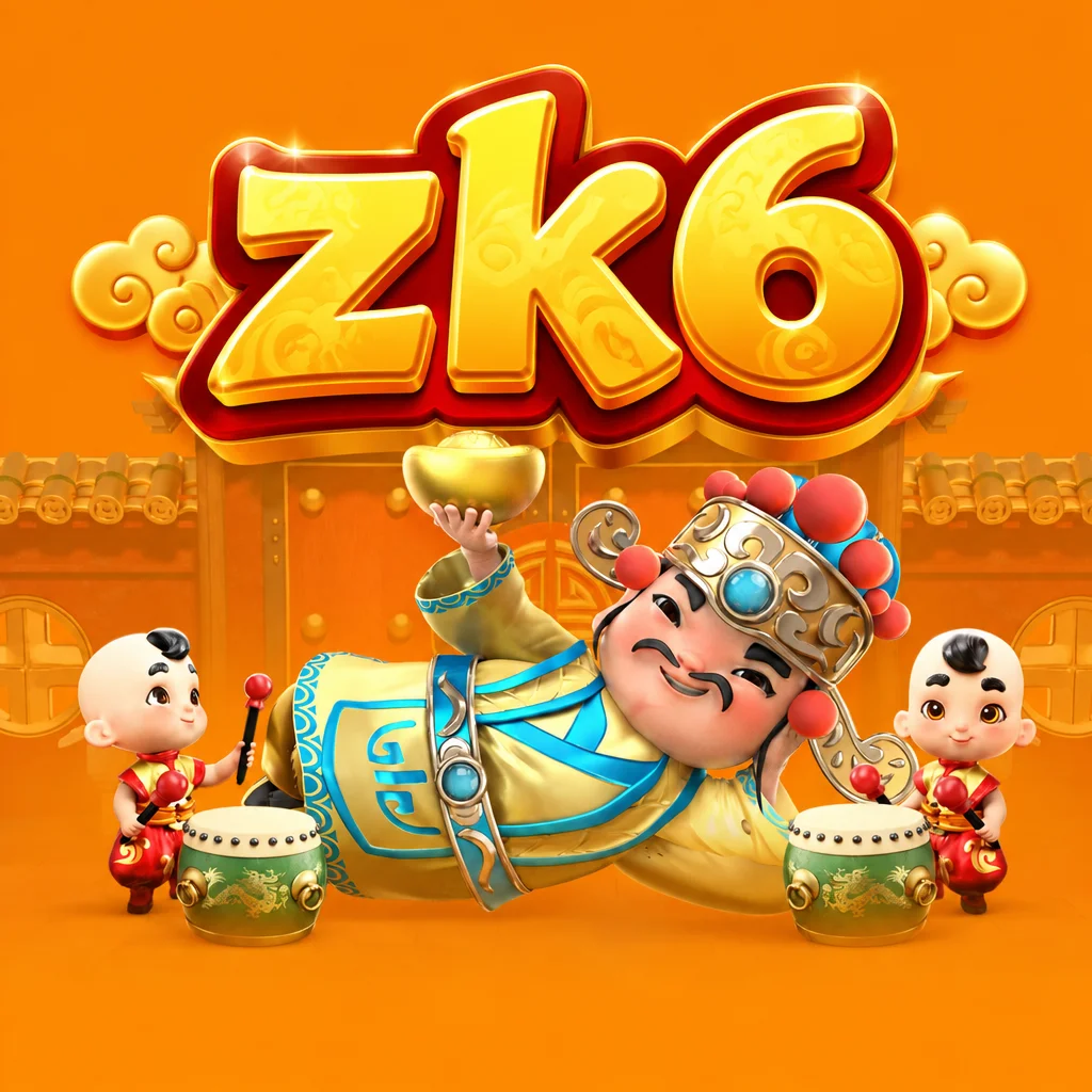 zk6 Fortune Gods menampilkan Dewa Kemakmuran berbaring memegang mangkuk emas di samping dua anak pemukul drum